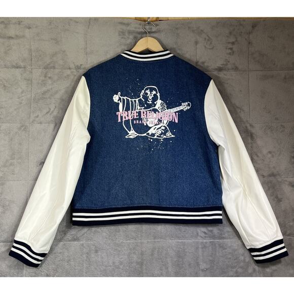 True Religion Guitar Buddha Varsity Jacket Women Large Denim White Retro Y2K NEW - Picture 2 of 12